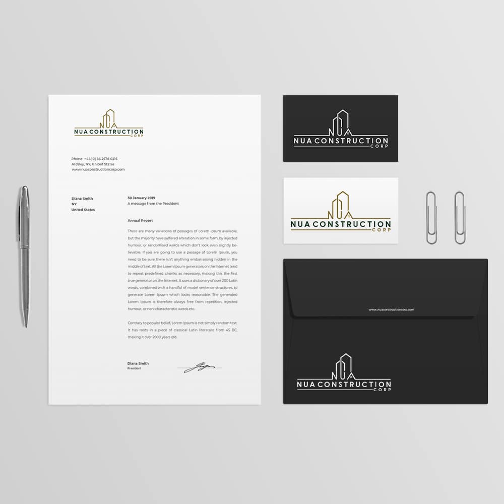 Nua Construction Corp - Stationary Mockup - Logo Design